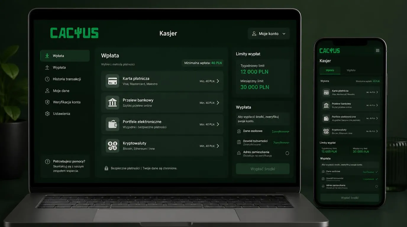 Ekran kasy w języku polskim z wyborem karty, przelewu, portfela i kryptowaluty oraz kwotą w PLN