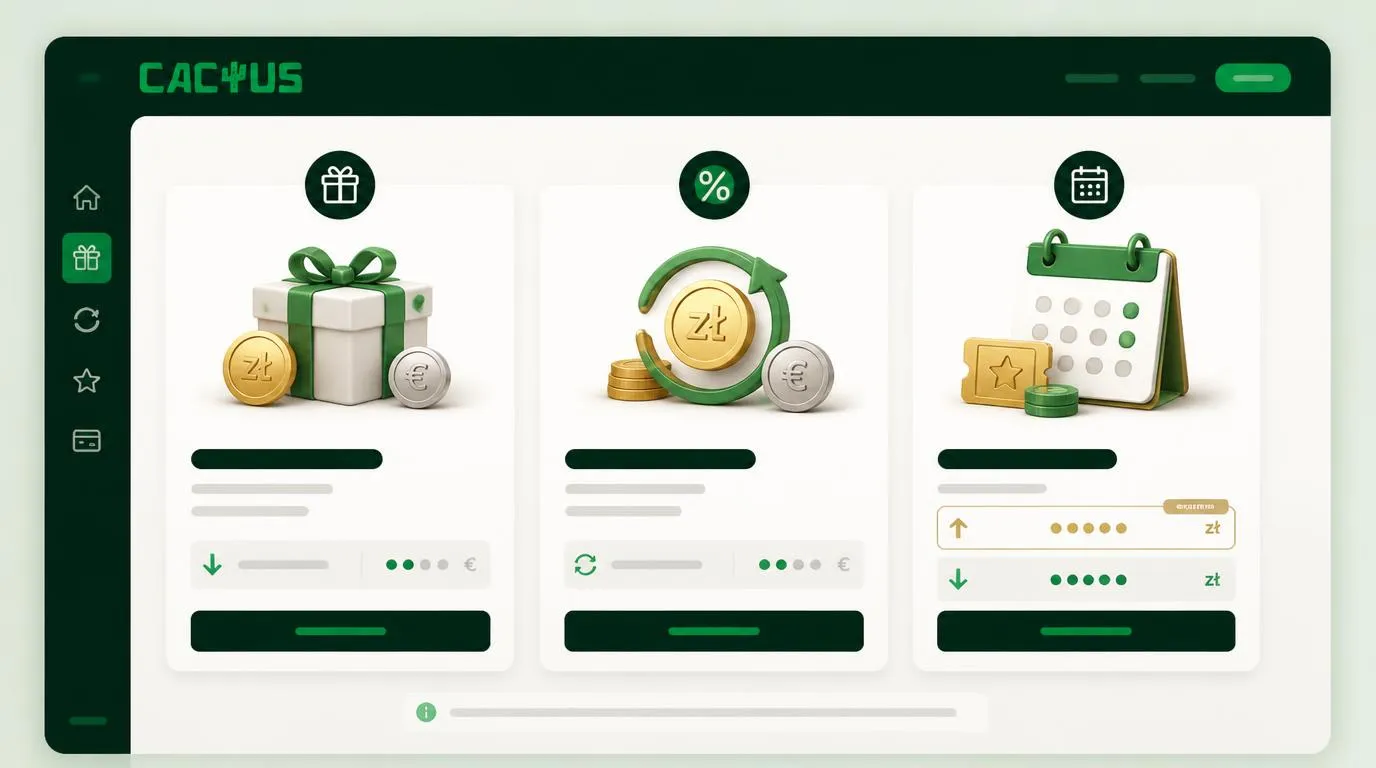 Karty z bonusem powitalnym, cashbackiem i nagrodami tygodniowymi obok oznaczeń PLN i euro